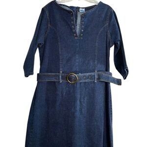 Vintage Denim Dress 3/4 Sleeves Size 1X Grommet Neckline